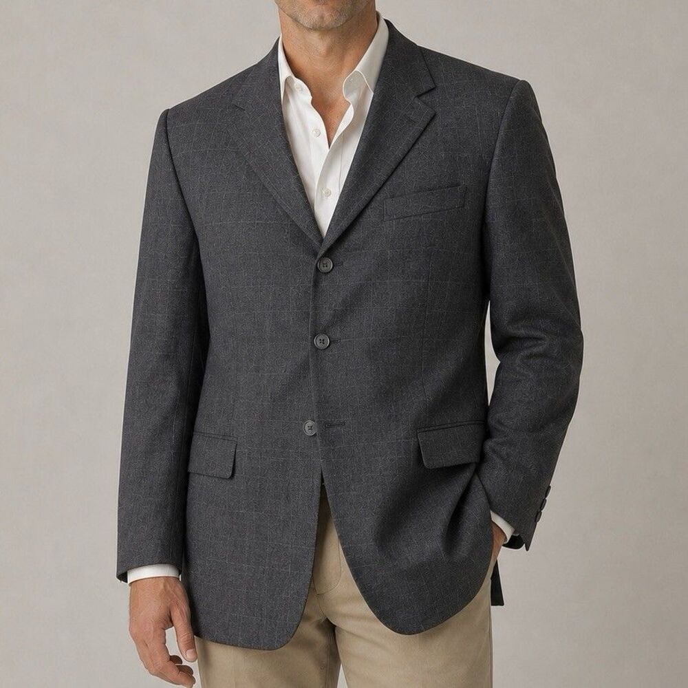 Harrison Black Men’s 43R Gray Windowpane 3 Button Sport Coat Blazer Jacket